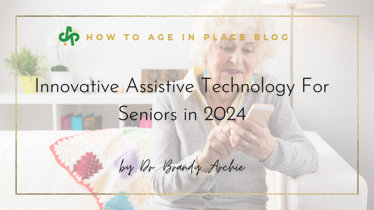 Older woman with a cellphone pictured as the cover for blog post titledinnovative assistive technology for seniors in 2024 blog post written by Dr. brandy Archie with AskSAMIE