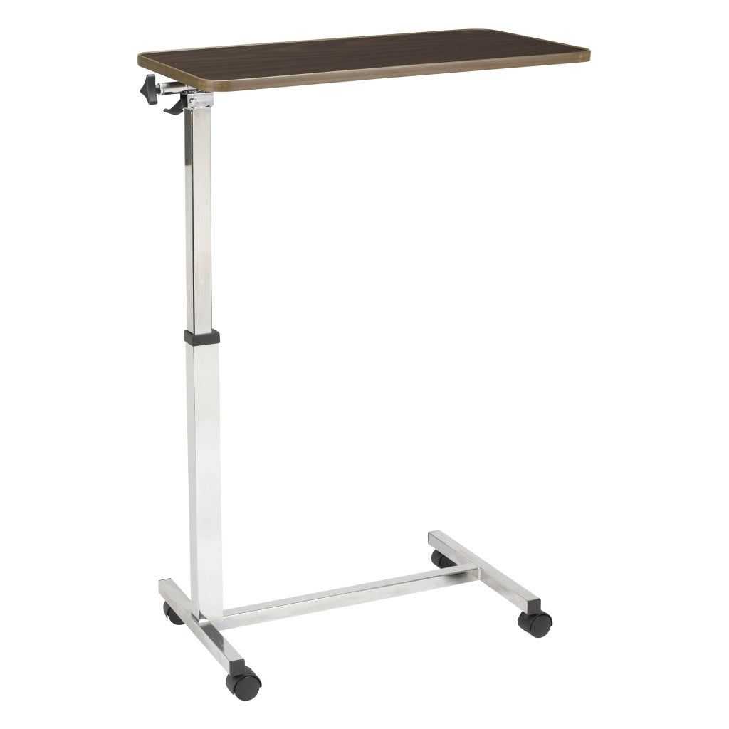End view of the tilt-top overbed table showing its slim profile and swivel casters on the chrome-plated steel H-base