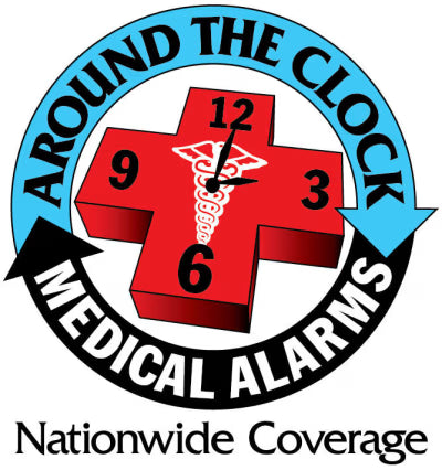 Around the Clock Medical Alarms logo: red cross clock face with caduceus circled by blue arrows, with the words nationwide coverage
