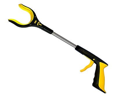 Yellow and black 19 inch reacher grabber tool on a plain background, with a rotating rubberized jaw and an easy squeeze trigger handle.