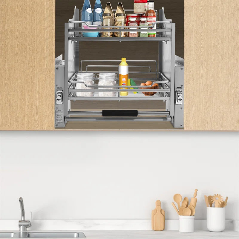 pull down shelf installed on cabinet with contents. dish rack retracted