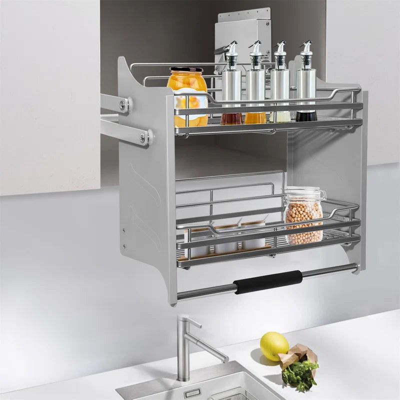 installed pull down shelf with dish rack deployed with jars bottles inside