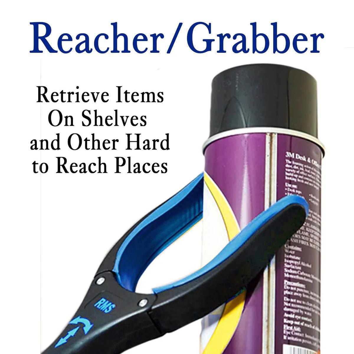 26 inch reacher retrieving a tall can from a high shelf, showing how the wide jaw holds larger items without dropping them.
