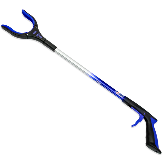 Blue and black 26 inch reacher grabber tool shown full length, with a rotating gripper jaw at one end and a trigger handle at the other.