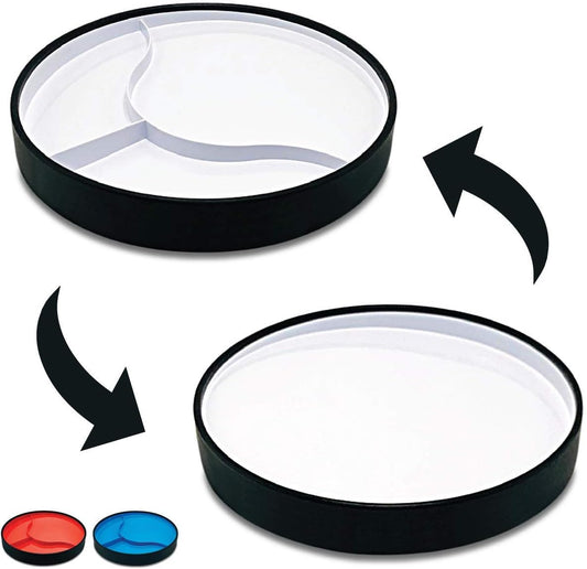 Plate shown with both sides, divided and scoopNon slip, suction, scoop plate for easier eating that's BPA free for adults