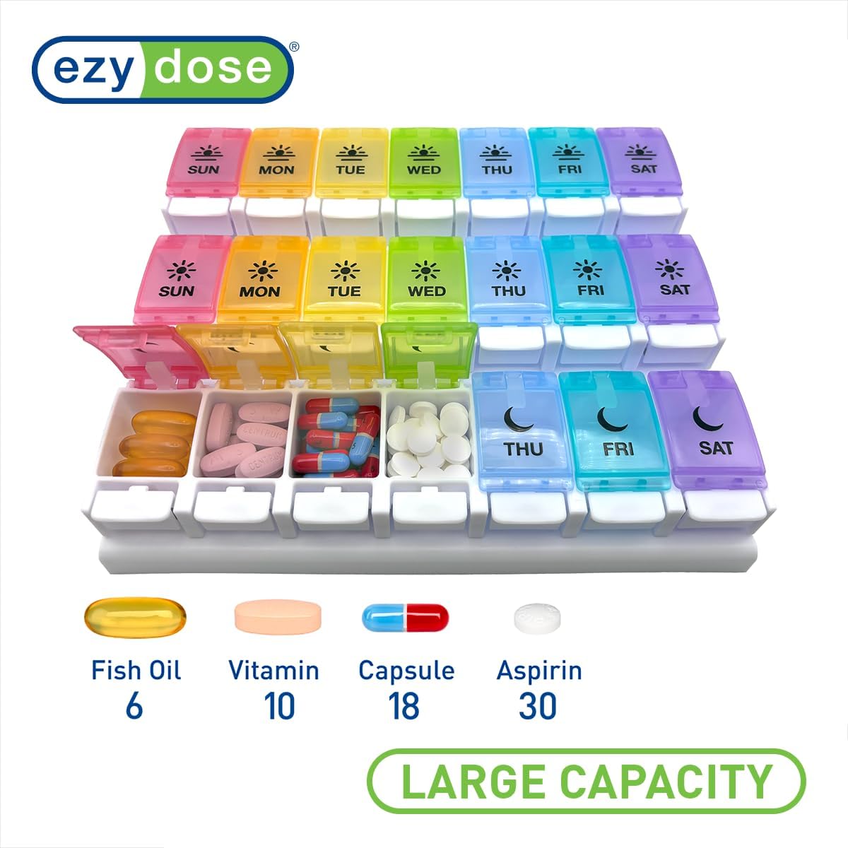 Weekly Pill Organizer with various medicine inside each compartment from AskSAMIE