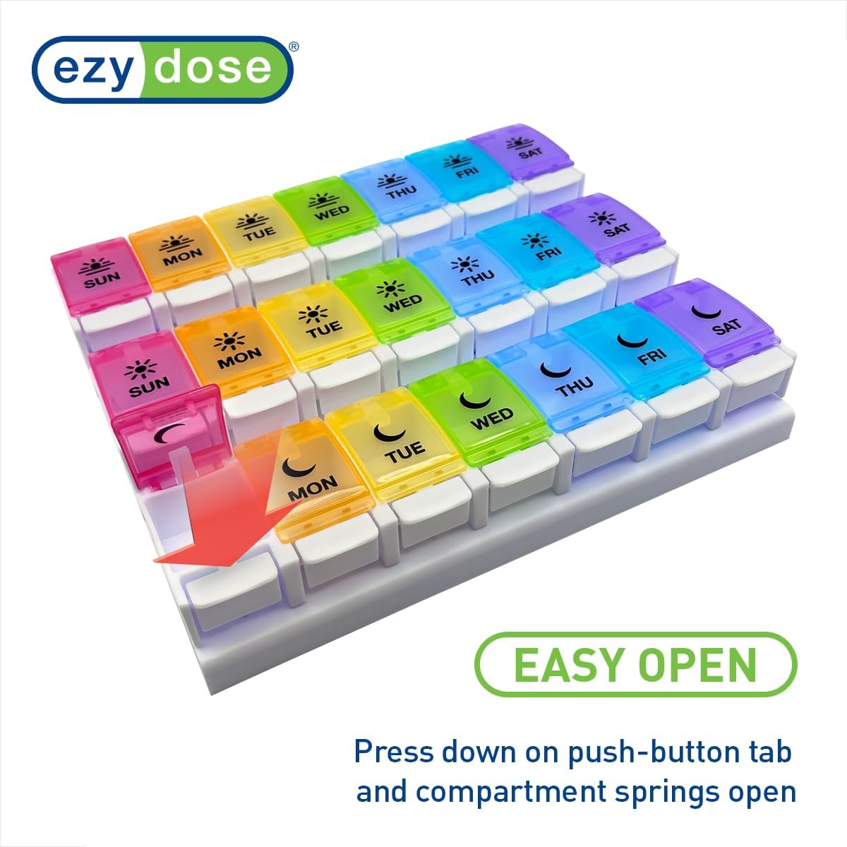 Weekly Pill Organizer with instructon on how to open from AskSAMIE