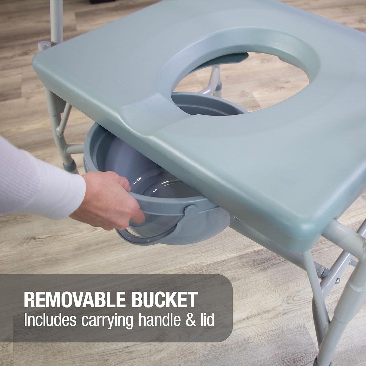 Removabe bucket of Bariatric Bedside Commode being pulled out from AskSAMIE