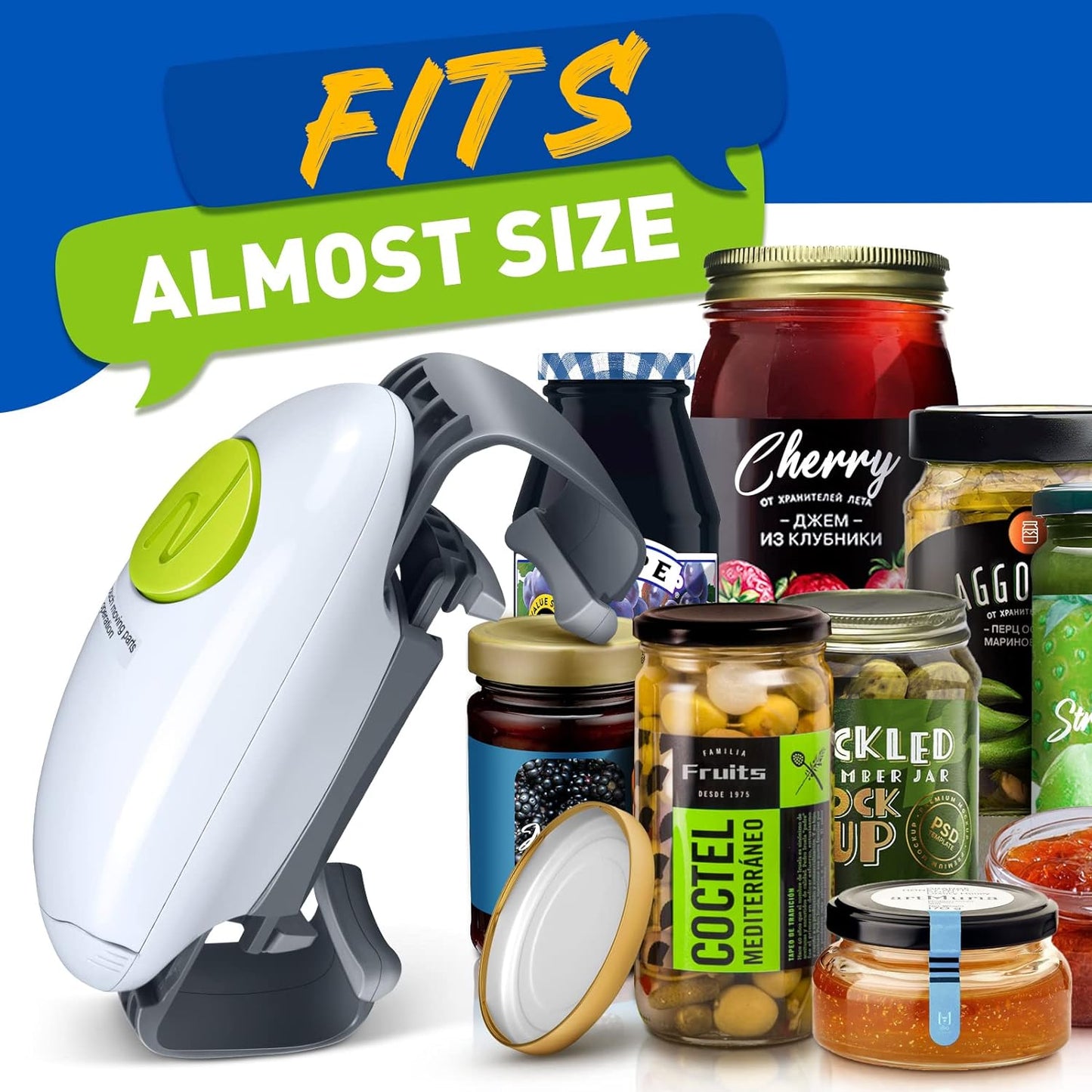 The KITCHENMUH Electric Jar Opener fits almost