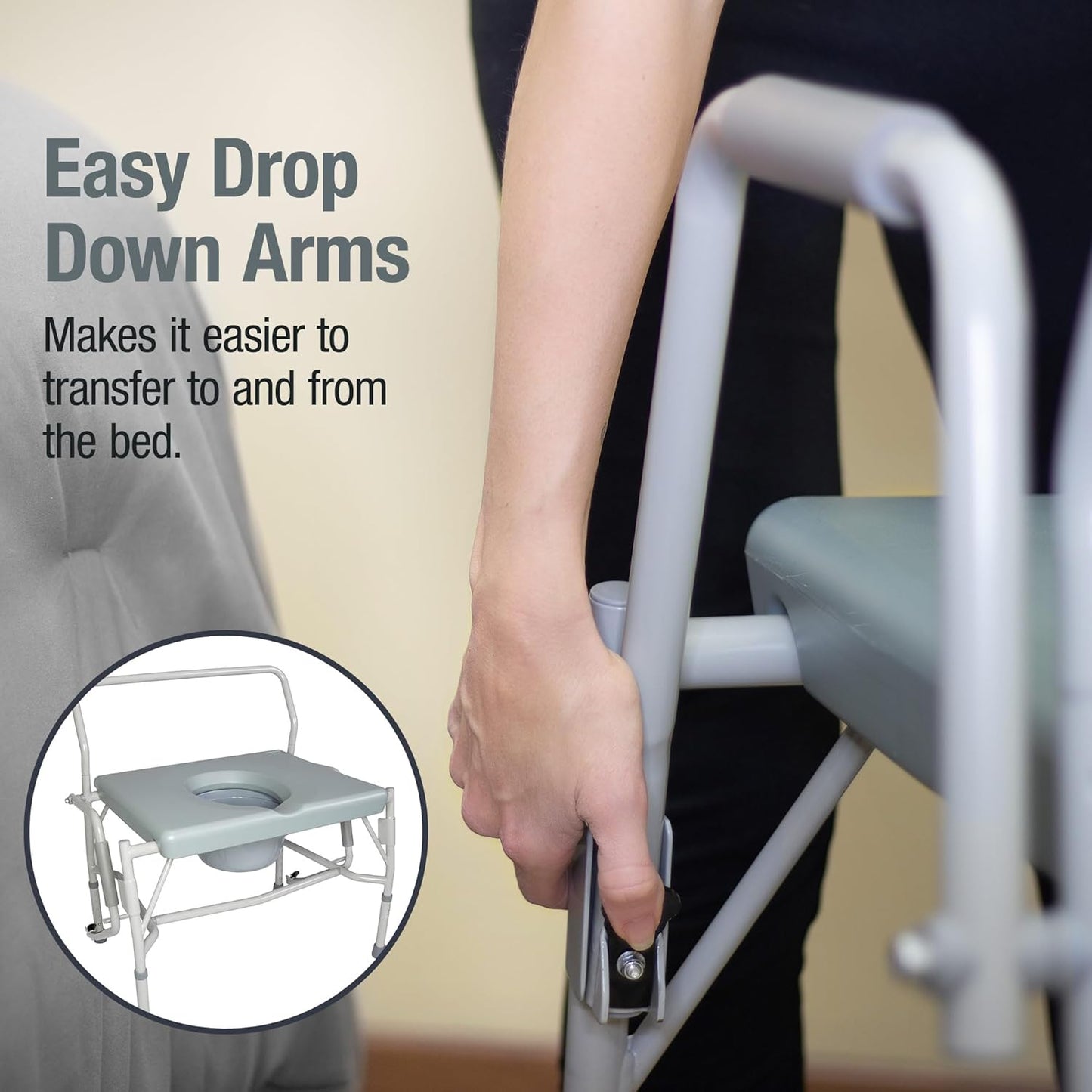 Bariatric Bedside Commode close up on locking mechanism for drop down arms from AskSAMIE