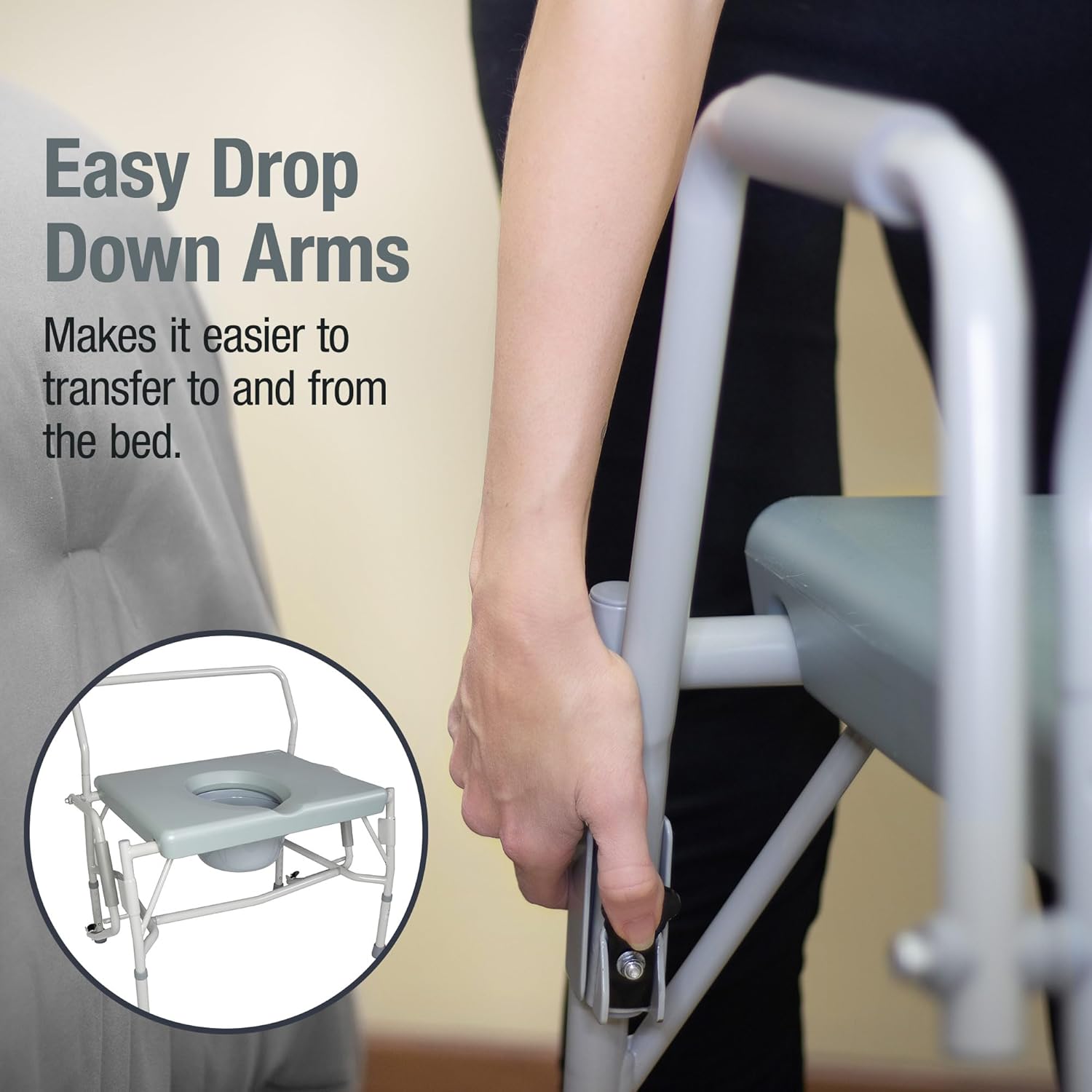 Bariatric Bedside Commode close up on locking mechanism for drop down arms from AskSAMIE
