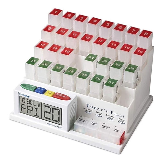Infographic showing one daily tray from the monthly pill organizer with four easy-open compartments labeled Morning, Noon, Evening, and Night