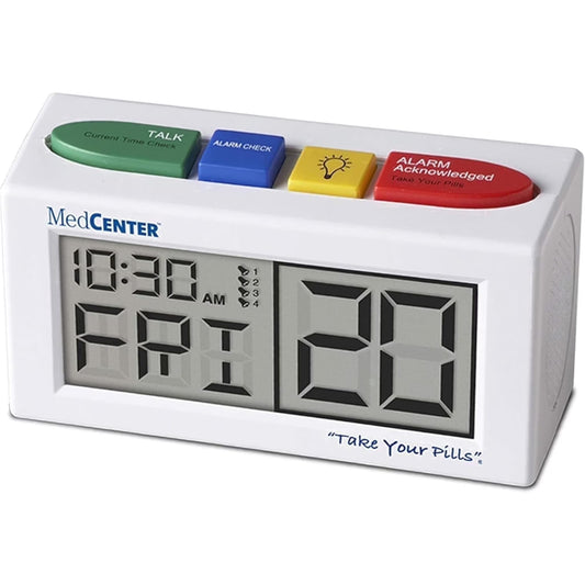 MedCenter talking medicine alarm clock in white with four large color-coded buttons and an extra-large display showing the time and date, labeled Take Your Pills