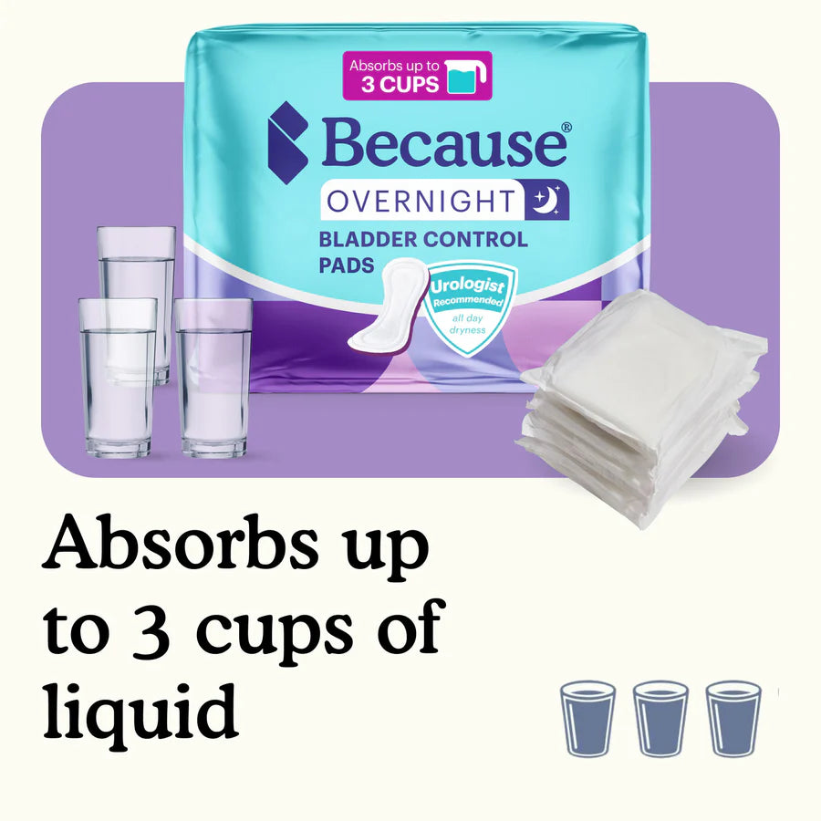 Because Premium Pads for Women | Overnight with glass cups and the pads in place with feature explained as absorbent to up to 3 cups of liquid
