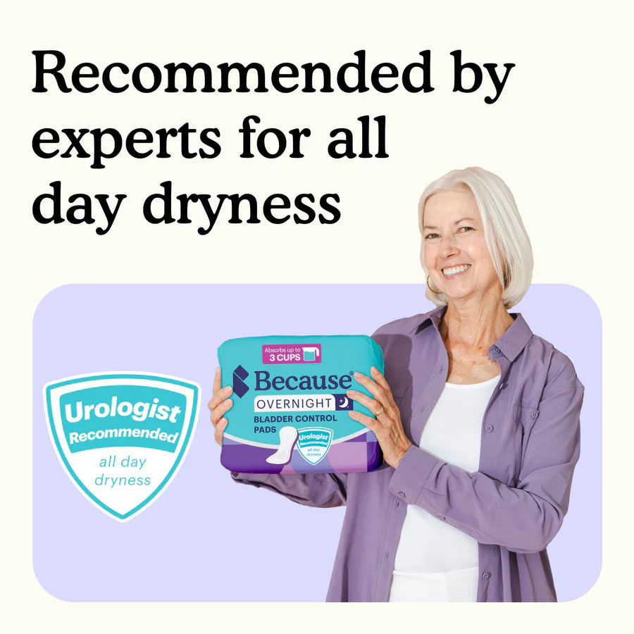 Because Premium Pads for Women | Overnight package held by elder woman