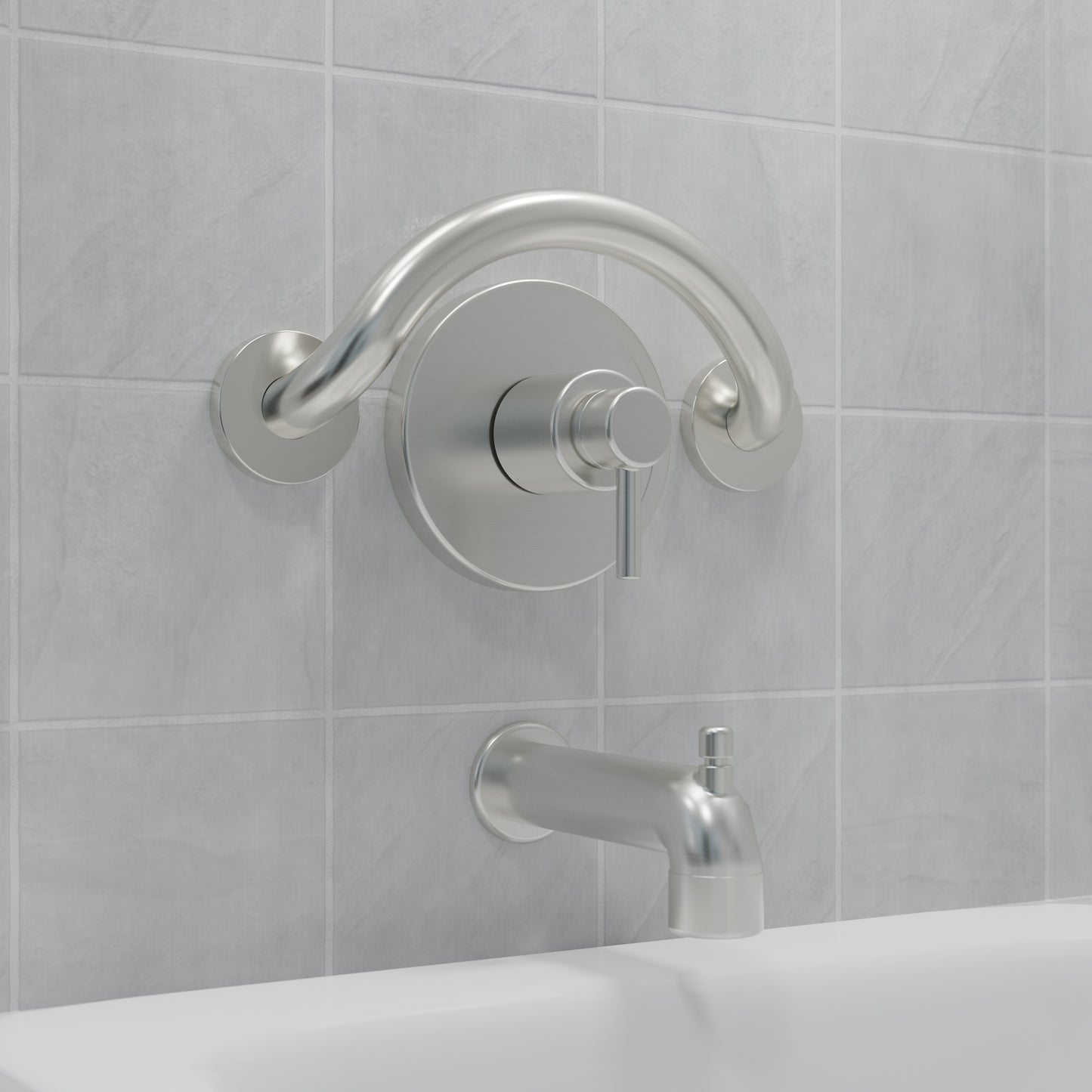 crescent grab bar in shower brushed