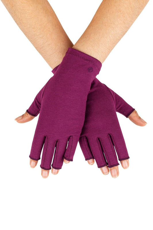 Purple fingerless gloves worn on a white background