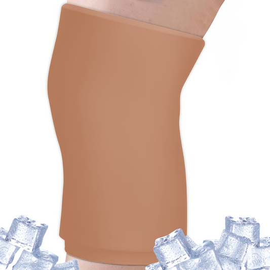 Caramel tan cooling compression sleeve worn on a bent knee, with ice cubes scattered along the bottom