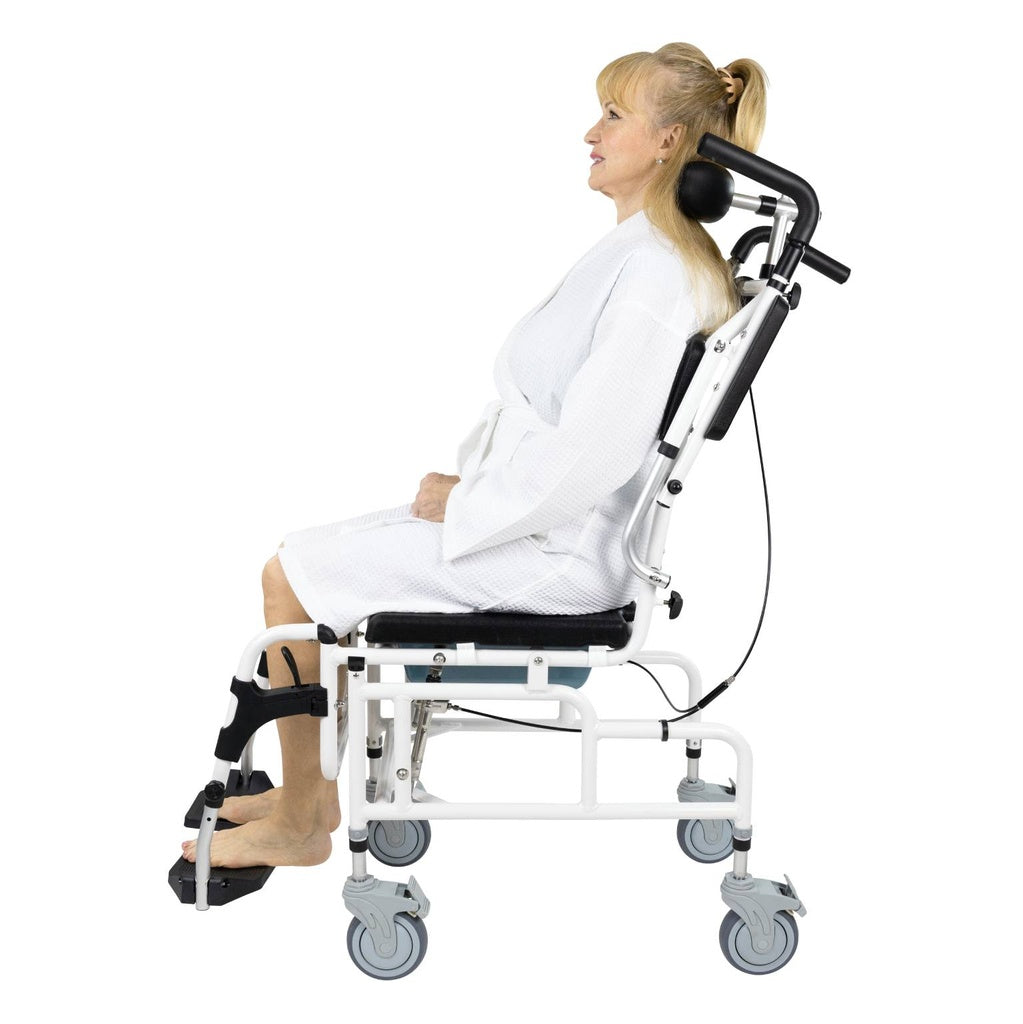 Woman sitting in Flip Arm Rolling Commode Shower Chair with seat arms flipped up from AskSAMIE