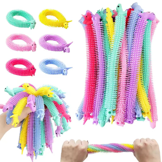 Six pastel stretchy strings with animal heads shown coiled, bundled in a hand, and pulled taut between two fists