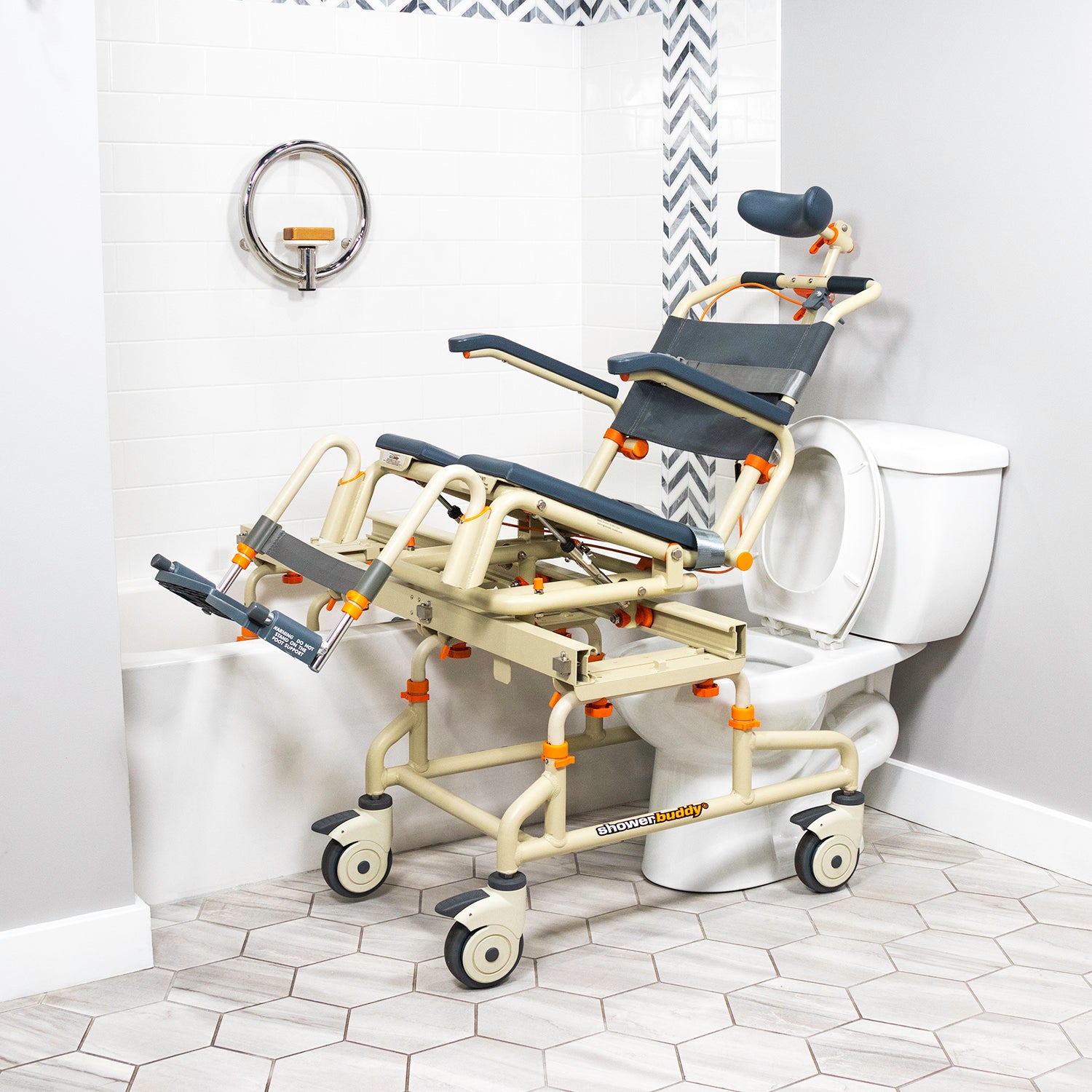 Tub Buddy over the bath with tilt angled for entry to bathtub from AskSAMIE