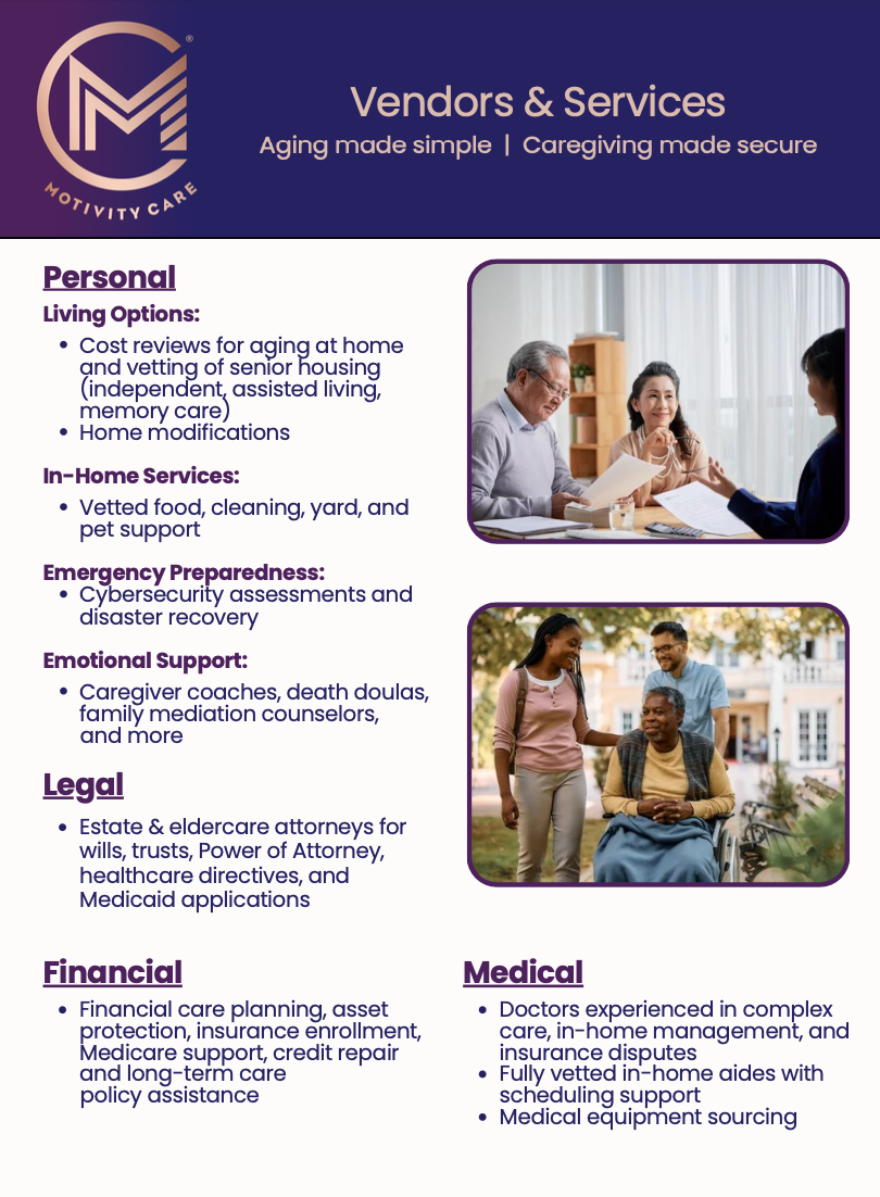 Motivity Care advertisement detailing services for aging and caregiving.