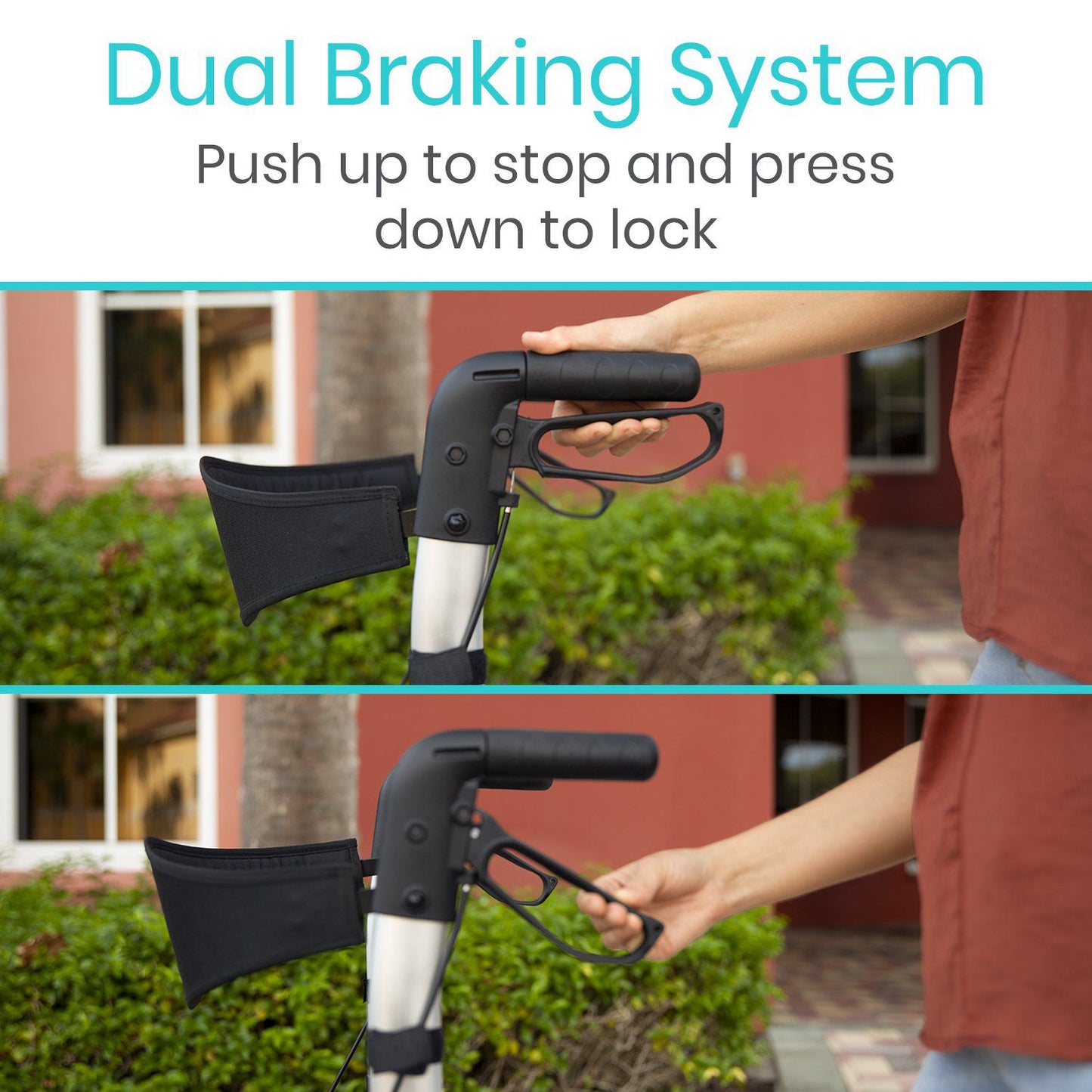Big wheel rollator from Vive showing how to use the dual braking system