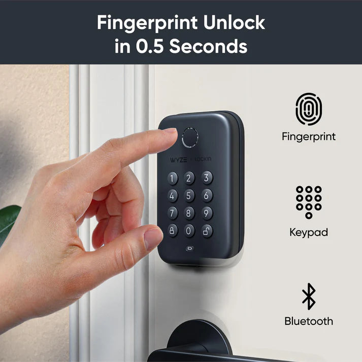 Smart Lock installed on door with fingerprint scan being pressed from AskSAMIE