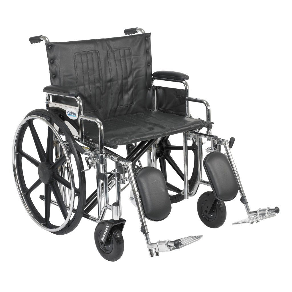Extra-heavy-duty wheelchair with padded elevating leg rests that raise the legs to ease swelling and pain, 500 lb capacity.