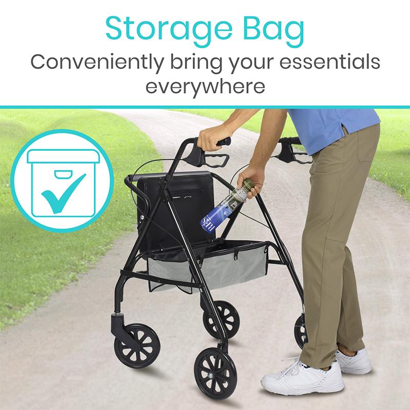 Man reaching into the under-seat storage bag of the bariatric rollator on a walking path