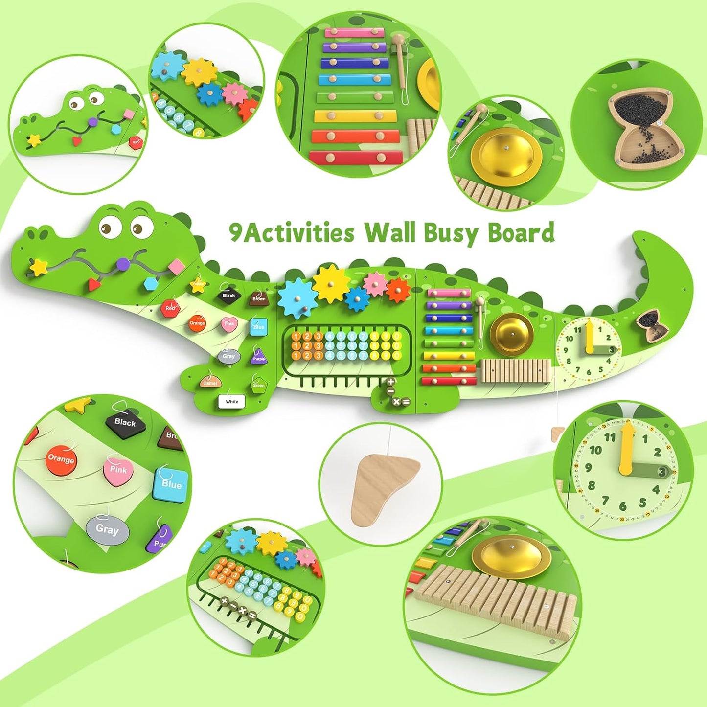 9 activities from Sensory Busy Board (Big Crocodile) from AskSAMIE