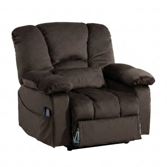 Extra large brown velvet power lift chair recliner on a white background, with a 27.5 inch wide seat and pillow-top arms for big and tall adults.