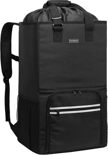 Black hands-free laundry backpack with padded shoulder straps, drawstring top, and structured square base on a white background.