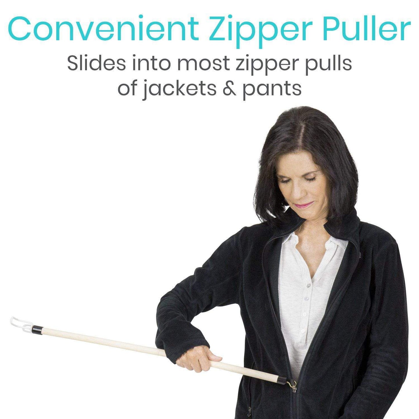 Dressing Stick elderly woman using dressing stick to pull jacket zipper up from AskSAMIE