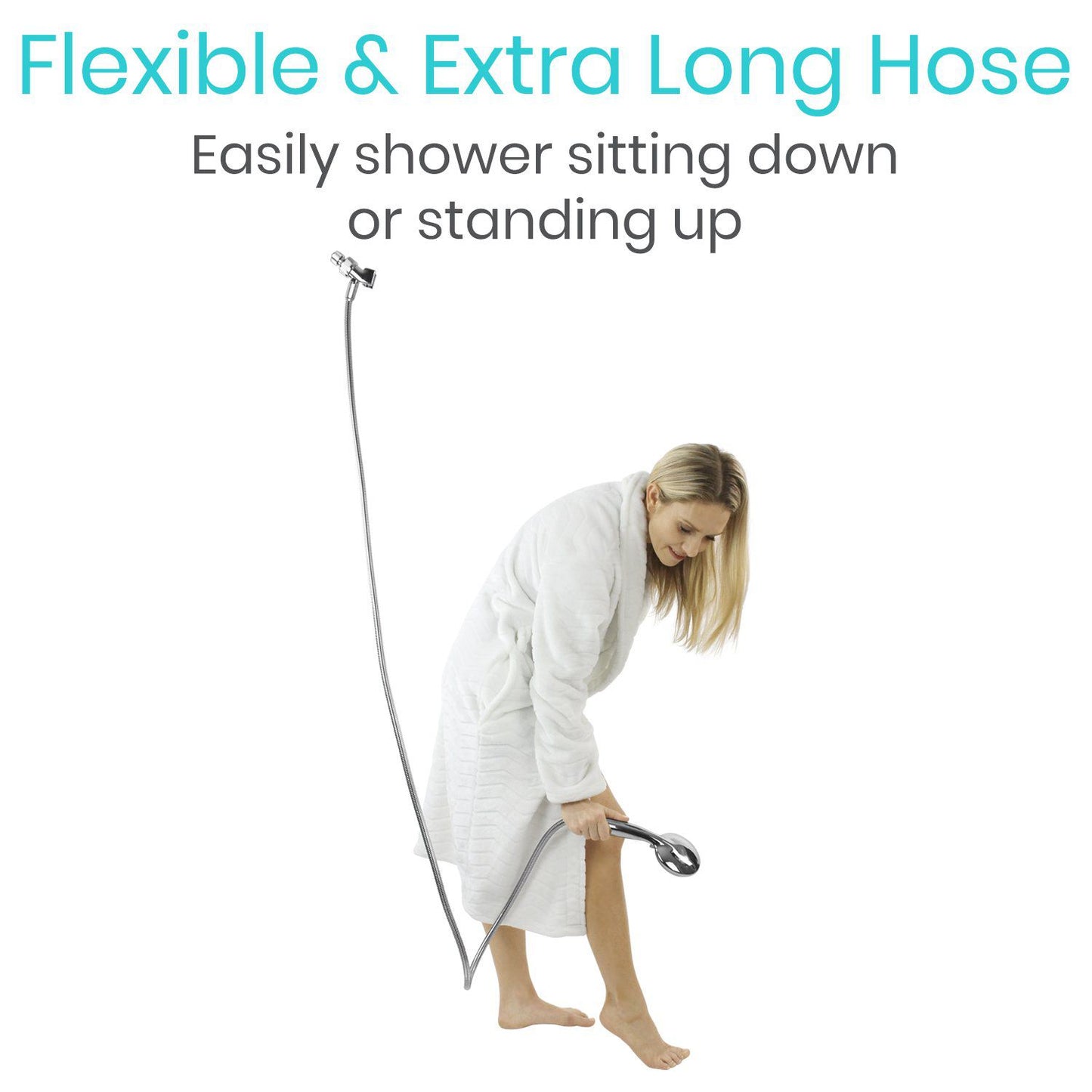 woman reaching handheld shower head with flex hose to feet from AskSAMIE