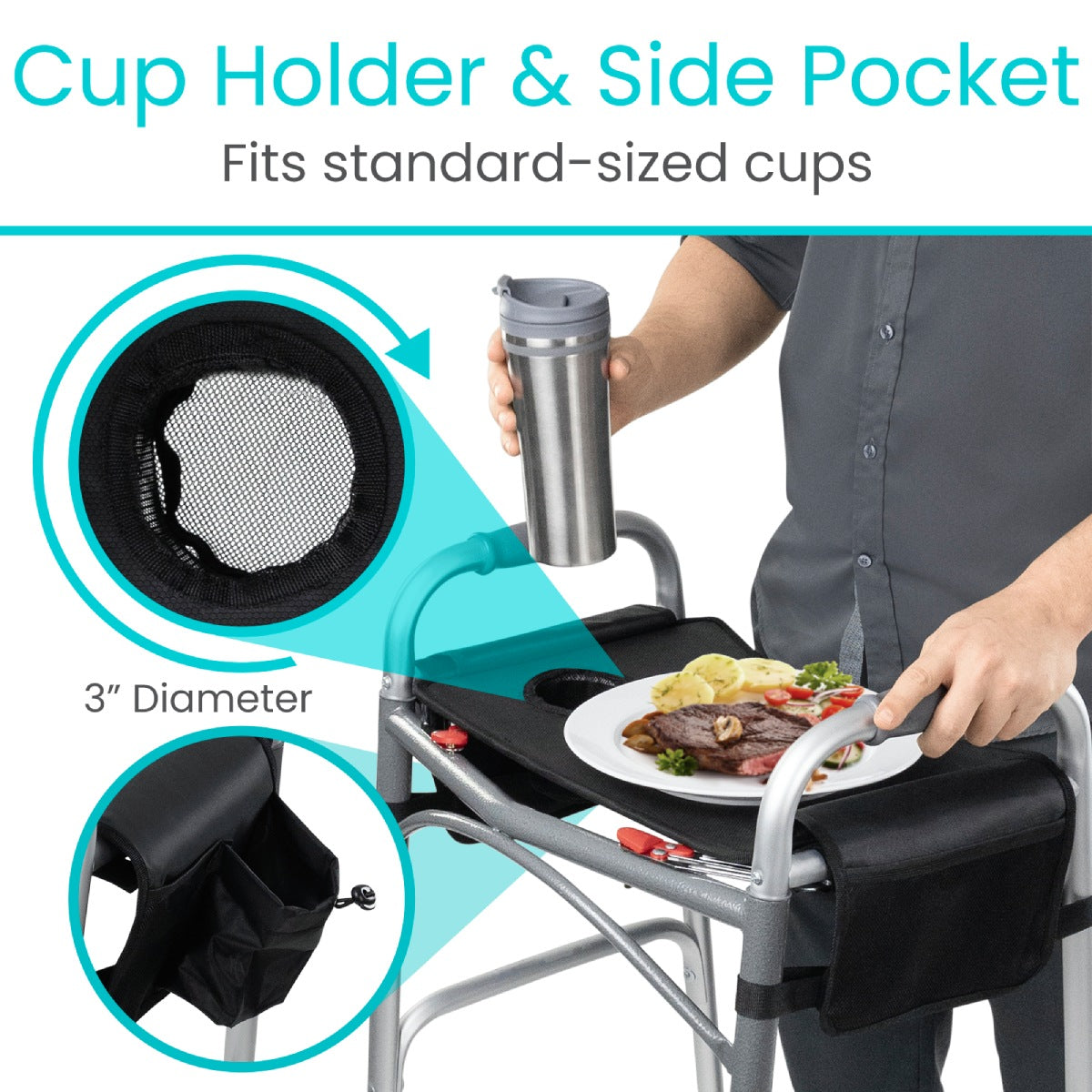male holding cup and using Walker Tray With Pockets with meal on top from AskSAMIE