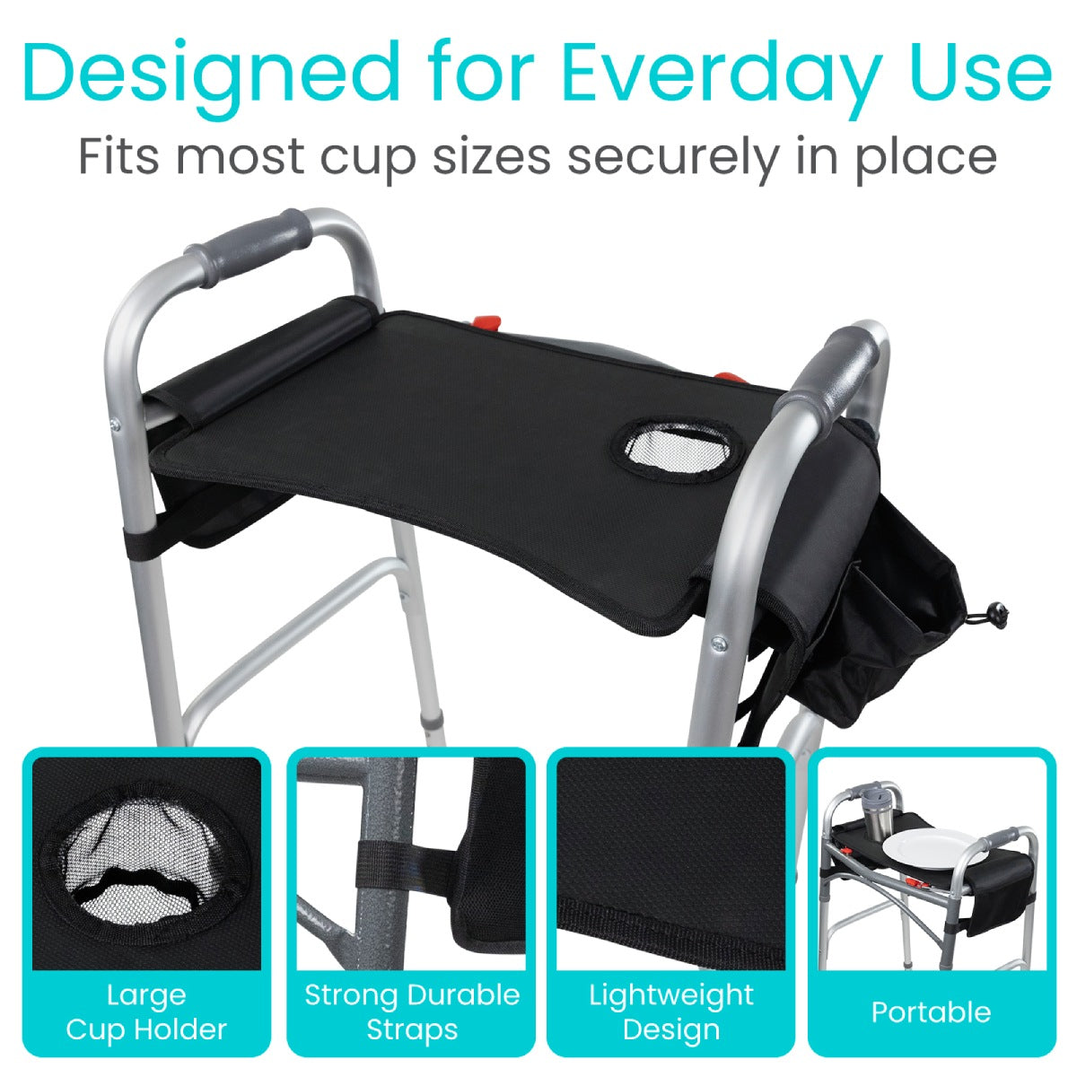 Walker Tray With Pockets with features listed such as cup holder, its straps and design, and its portability from AskSAMIE