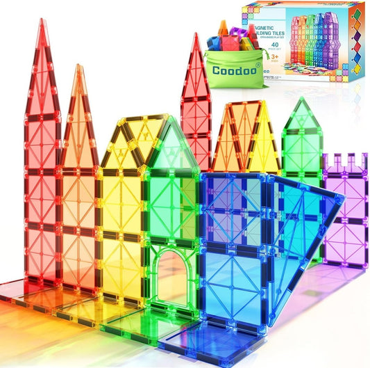 Coodoo 40-piece magnetic building tiles in translucent rainbow colors built into castle towers, shown with the storage bag and product box marked ages three and up