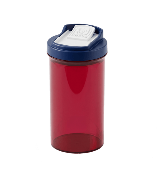 Patriotic SnapSlide one-handed easy open pill bottle standing upright, a red child-resistant prescription vial with a navy no-twist slide cap for people with arthritis or weak hands.