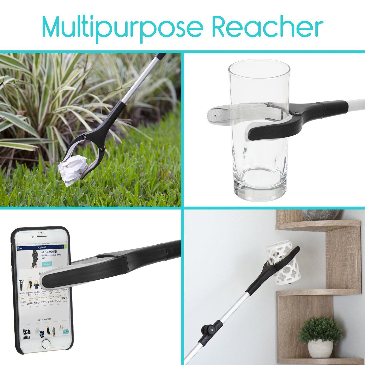 Foldable Reacher/Grabber Tool for Seniors picture being used to grab glass, phone, vase, and crumpled paper from AskSAMIE.