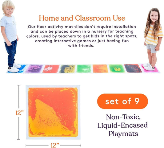 Infographic for the sensory liquid floor tiles showing two children standing on a row of nine color-filled tiles, each tile 12 by 12 inches, labeled non-toxic and liquid-encased