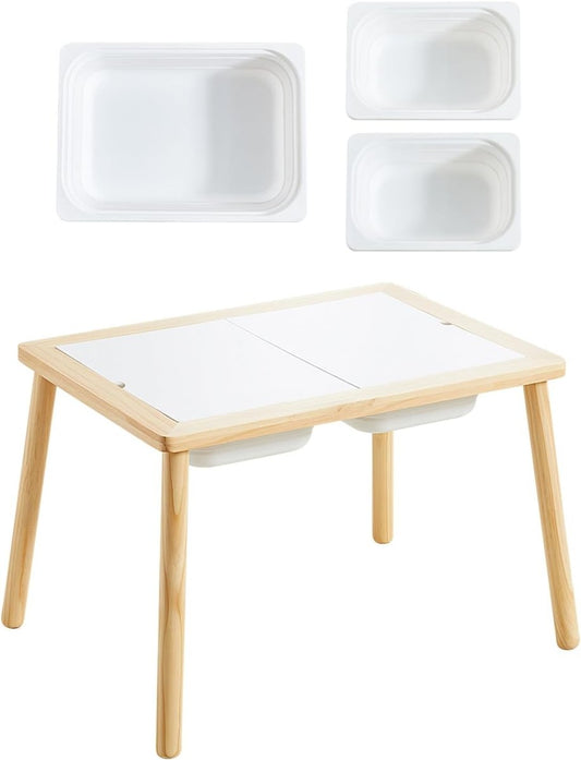 Pine wood sensory activity table with a two-piece sliding lid and two removable white bins underneath for sand, water, or rice play