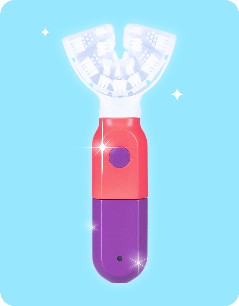 SymplBrush Jr. in the Coral and Purple color option, with the soft nylon bristle cradle attached to the handpiece.