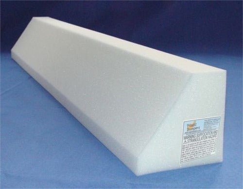 White 42 inch high density foam bed bumper that lies under a fitted sheet along the mattress edge to keep legs from drifting out of bed