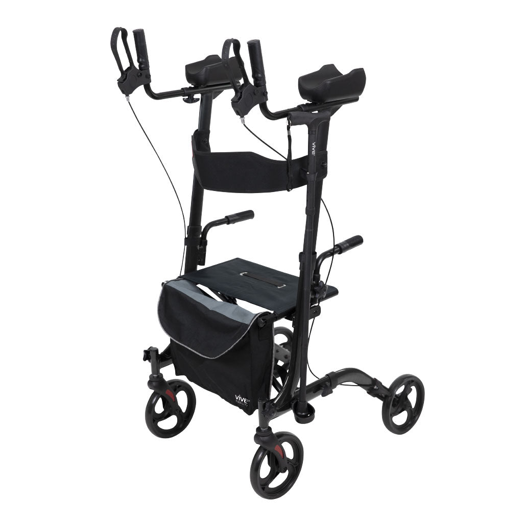 Black Upright Walker rollator alone showing the padded forearm rests, backrest strap, flip-down seat, storage bag, and eight-inch wheels