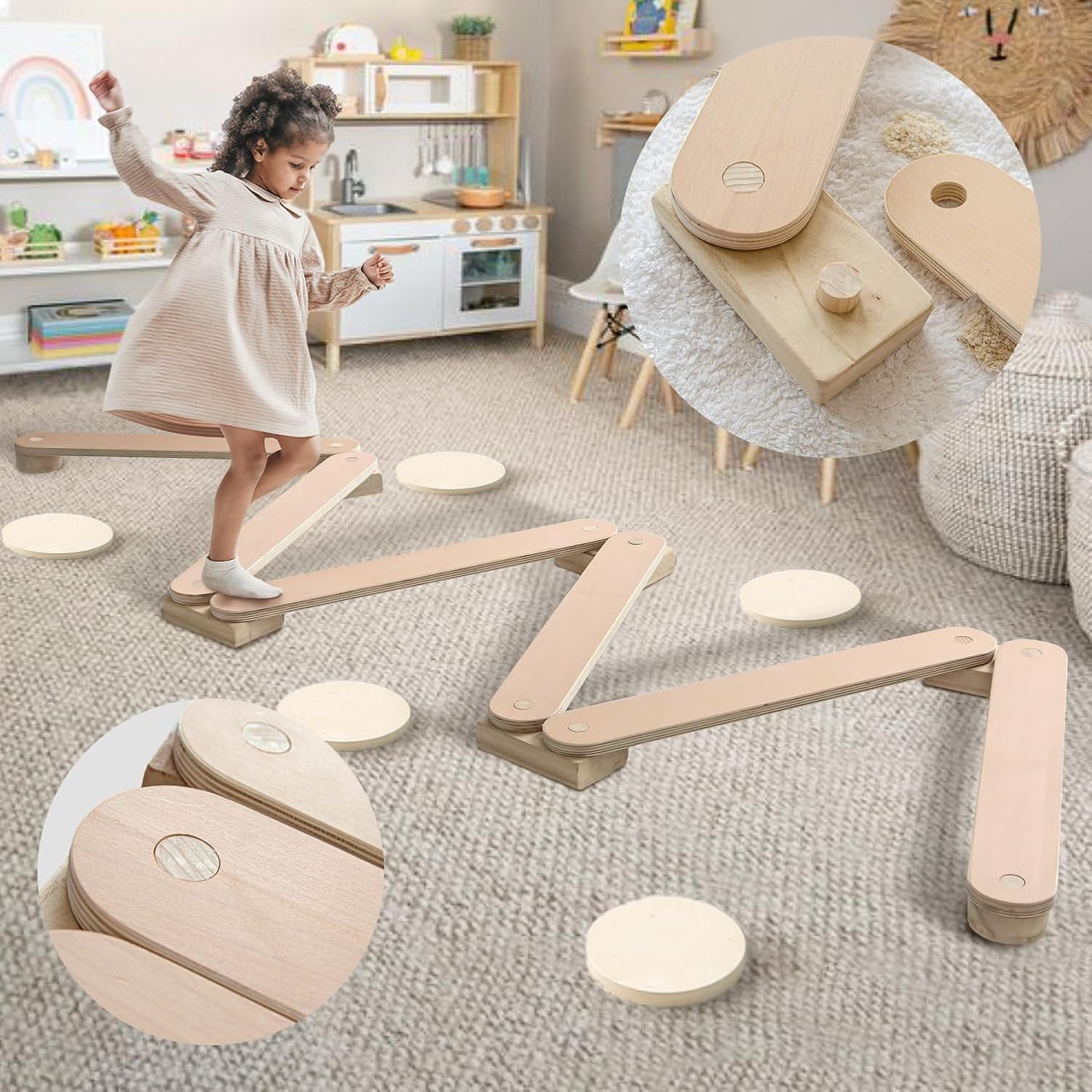 Balance Beam Wooden Stepping stones set up for indoor play from AskSAMIE