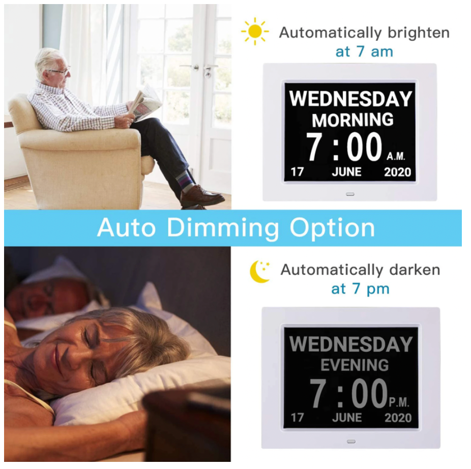 man sitting in chair with day clock brighten at 7am and another image showing a couple sleeping with Day clock dimming from AskSMIE