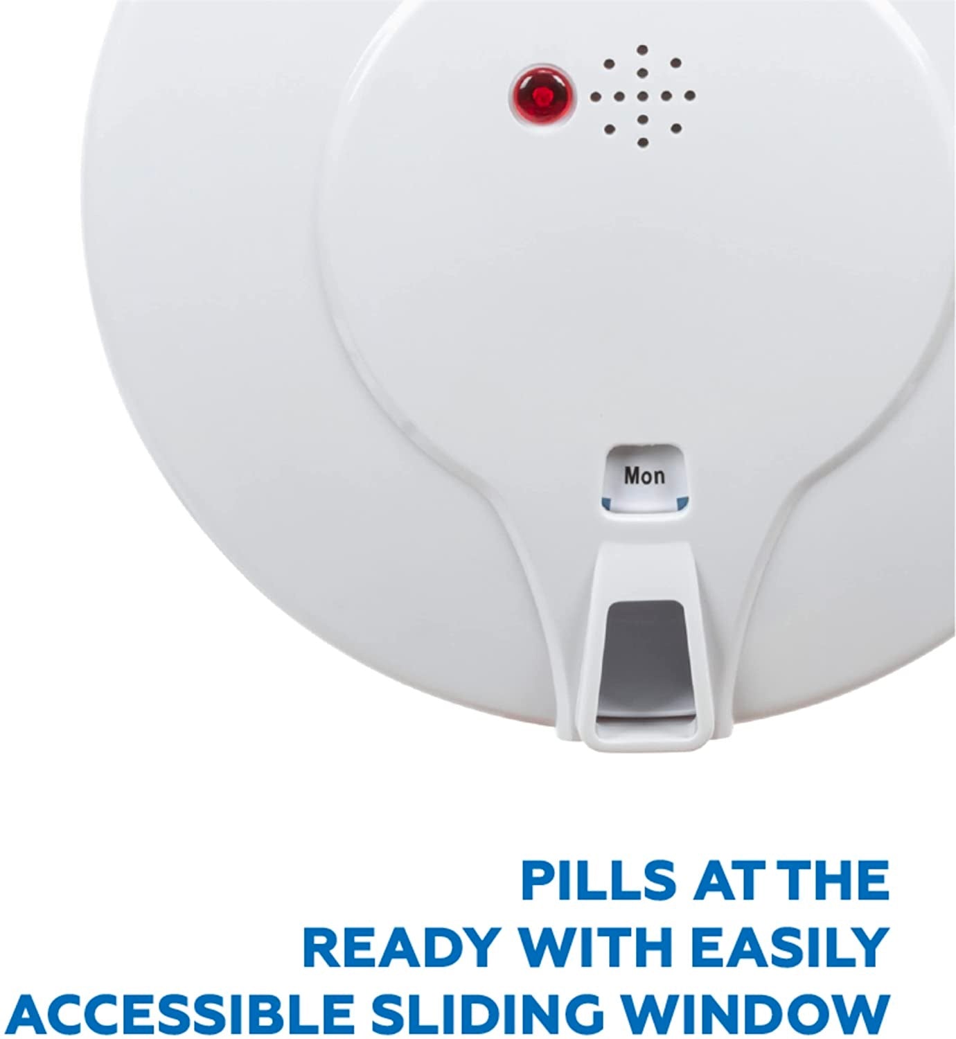 automatic pill dispenser showing opening for pills when ready to take them