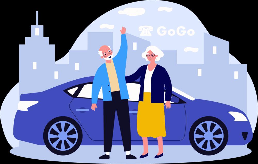 older couple in front of car