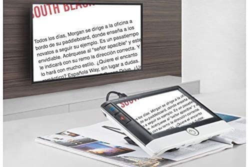 Visolux Digital connected to TV on wall magnifiying text from AskSAMIE
